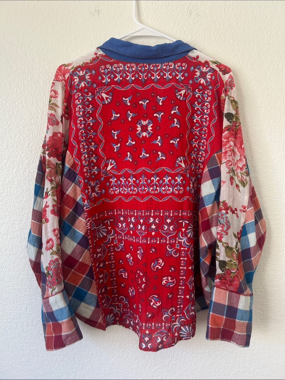 Mixed-Print Floral & Plaid Button-Up Blouse - Red/Blue - Picture 7 of 10